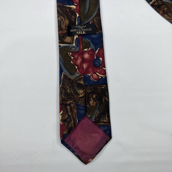 St Michael Marks & Spencer Vtg 90s Silk Multicolor Abstract Floral Neck Tie - Picture 3 of 7